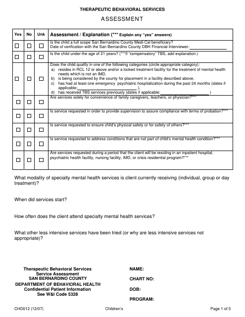 Form CHD012 Assessment - San Bernardino County, California