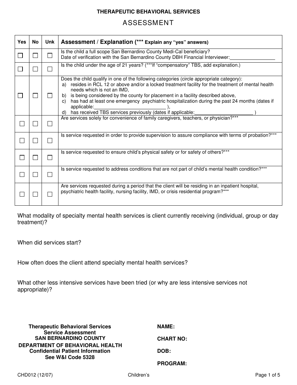 Form CHD012 Assessment - San Bernardino County, California, Page 1