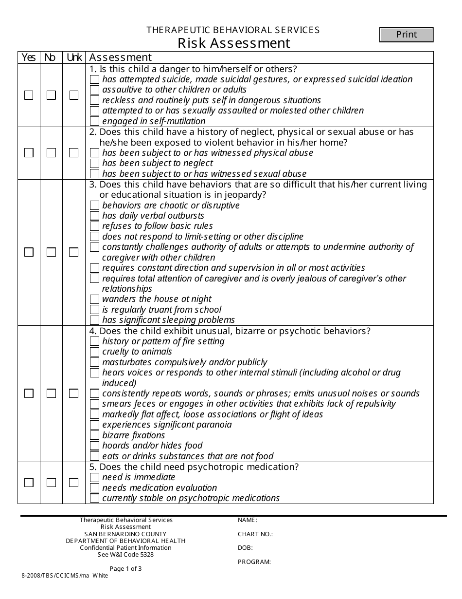 Therapeutic Behavioral Services Risk Assessment - San Bernardino County, California, Page 1