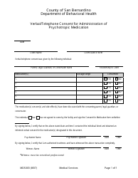 Document preview: Form MDS003 Verbal/Telephone Consent for Administration of Psychotropic Medication - San Bernardino County, California