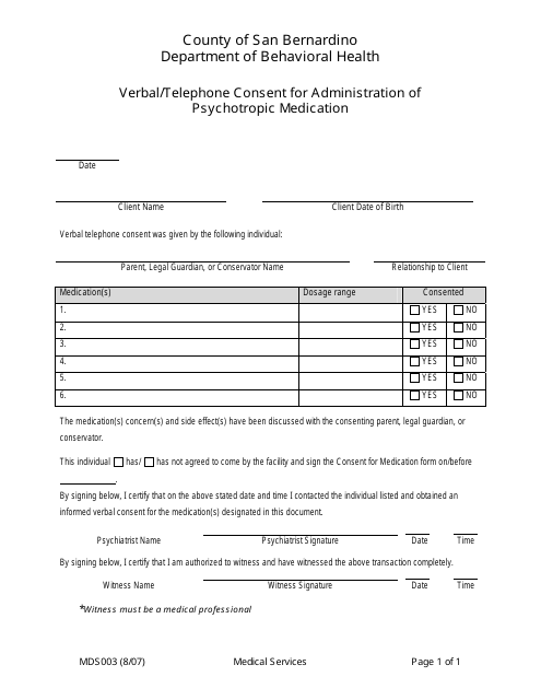 Form MDS003 Verbal/Telephone Consent for Administration of Psychotropic Medication - San Bernardino County, California