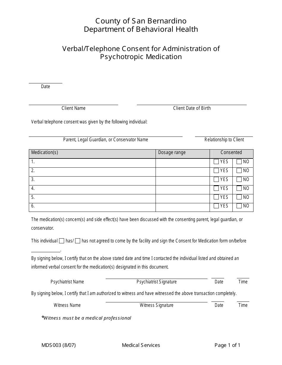 Form MDS003 Verbal / Telephone Consent for Administration of Psychotropic Medication - San Bernardino County, California, Page 1