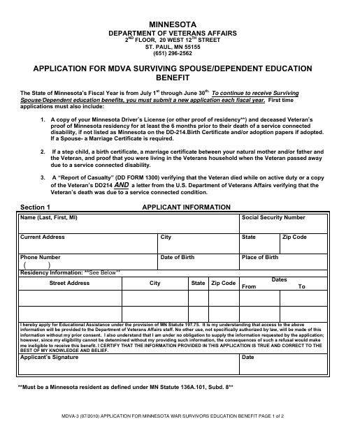 Form MDVA-3 Application for Mdva Surviving Spouse/Dependent Education Benefit - Minnesota