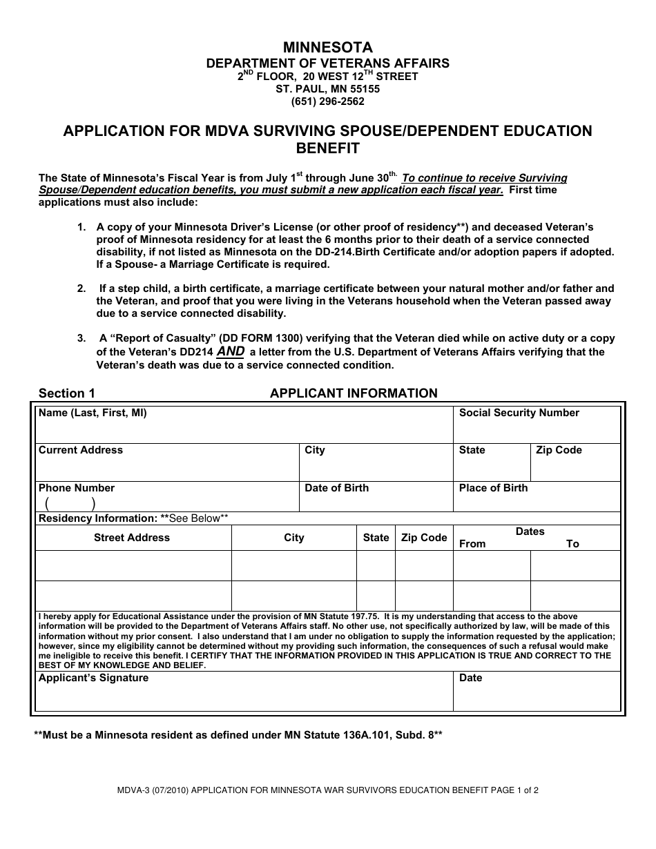 Form MDVA-3 Application for Mdva Surviving Spouse / Dependent Education Benefit - Minnesota, Page 1
