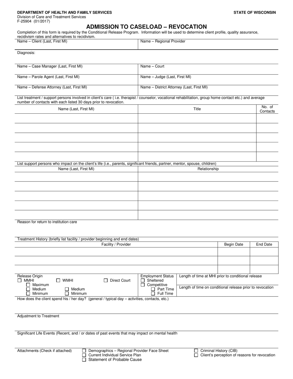 Form F-25904 Admission to Caseload - Revocation - Wisconsin, Page 1