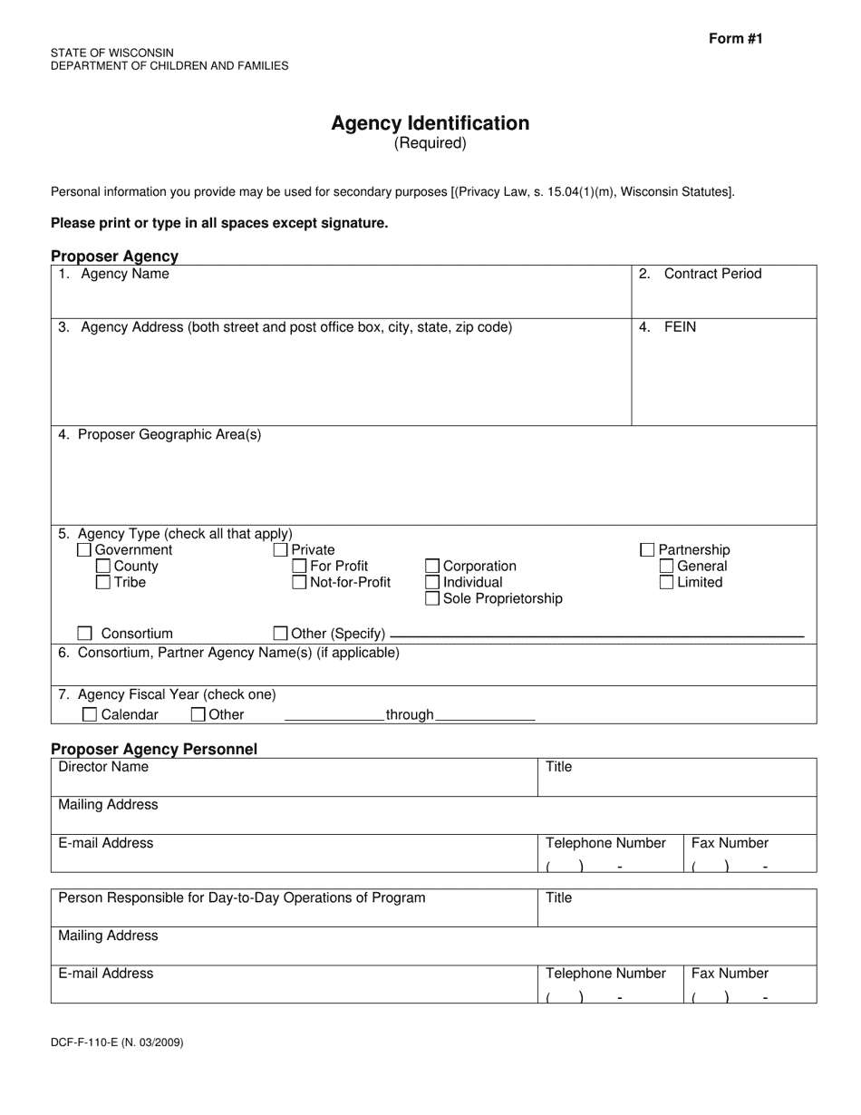 Form 1 (DCF-F-110-E) Agency Identification - Wisconsin, Page 1