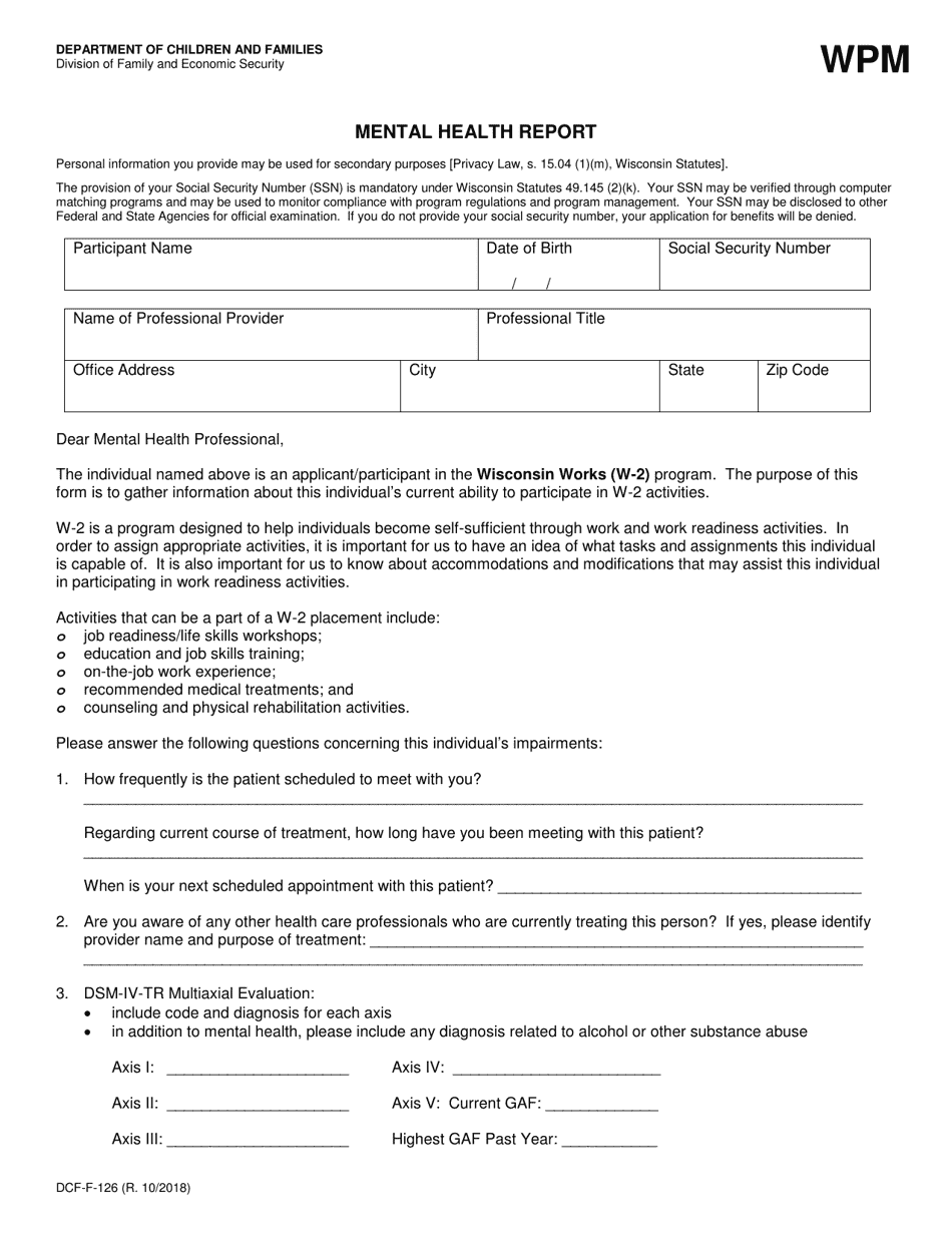 Form DCF-F-126 Mental Health Report - Wisconsin, Page 1