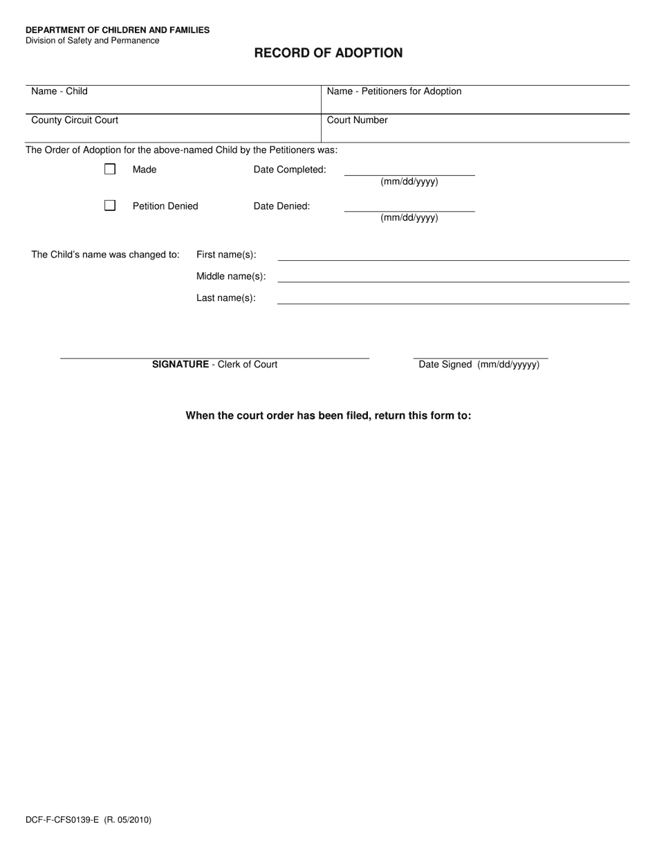 Form DCF-F-CFS0139-E Record of Adoption - Wisconsin, Page 1