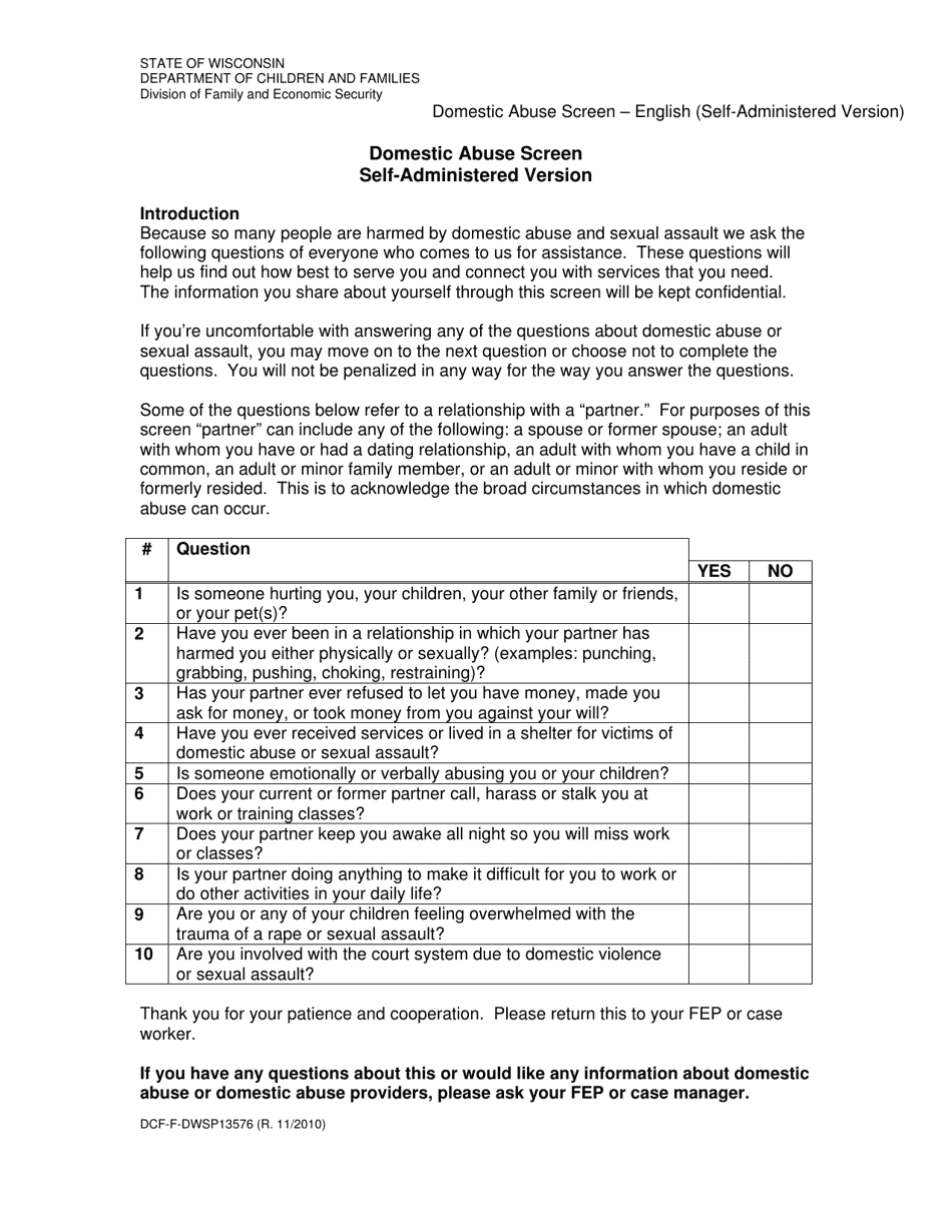 Form DCF-F-DWSP13576 Domestic Abuse Screen Self-administered Version - Wisconsin, Page 1