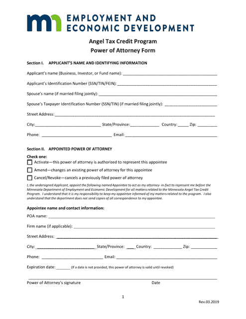 Power of Attorney Form - Angel Tax Credit Program - Minnesota