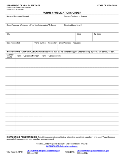 Form F-80025A Forms/Publications Order - Wisconsin
