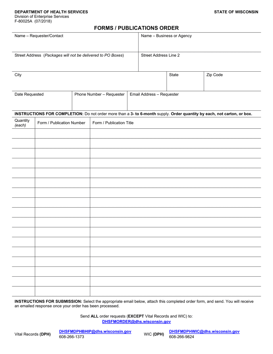 Form F-80025A Forms / Publications Order - Wisconsin, Page 1