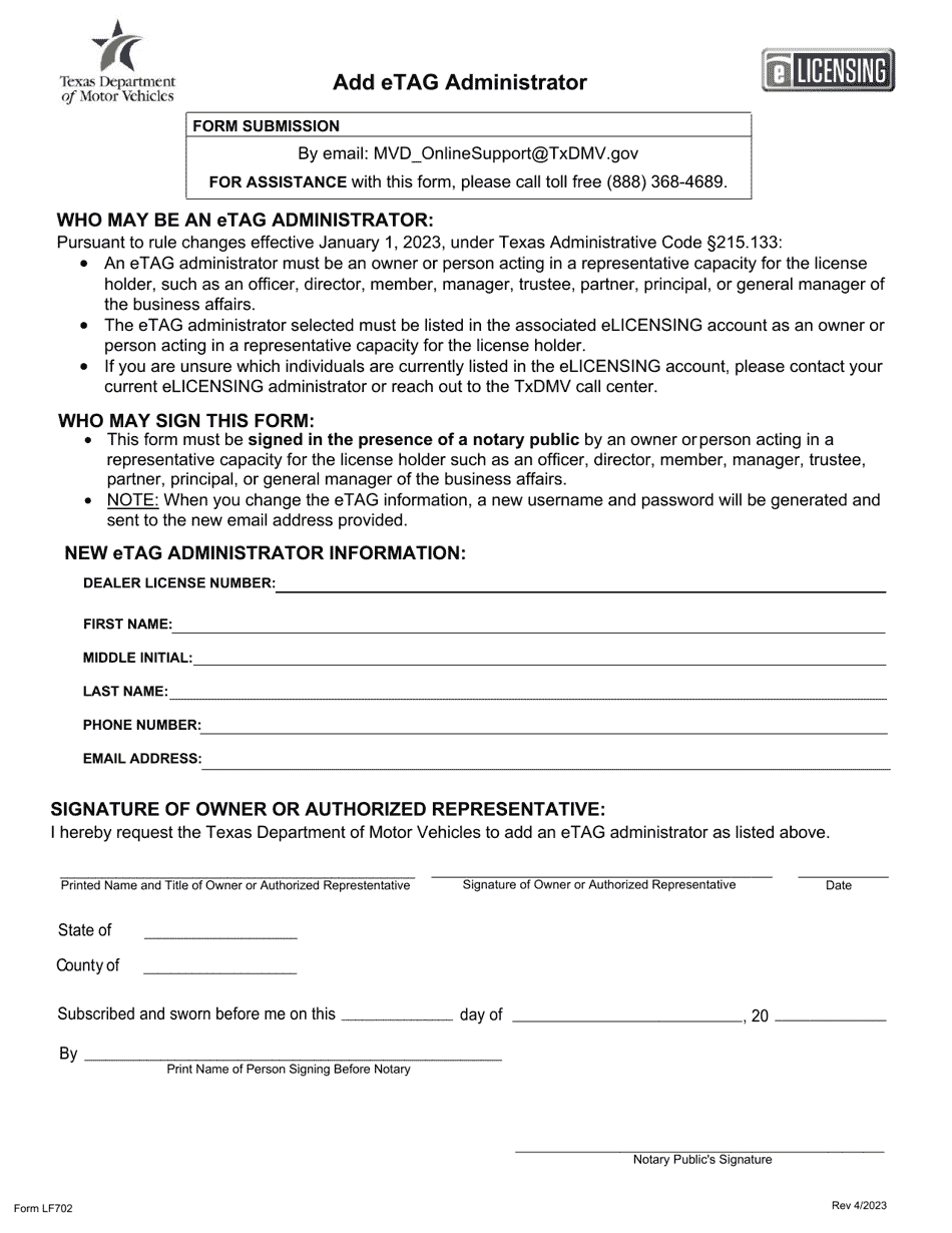 Form LF702 Add Etag Administrator - Texas, Page 1