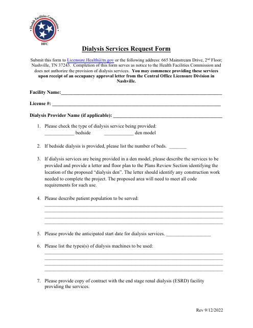 Dialysis Services Request Form - Tennessee Download Pdf