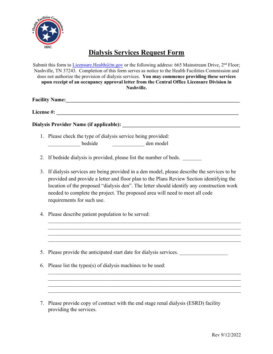 Dialysis Services Request Form - Tennessee, Page 1