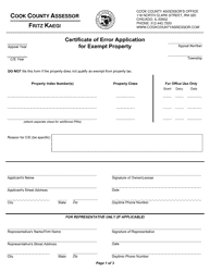 Document preview: Certificate of Error Application for Exempt Property - Cook County, Illinois
