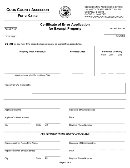 Certificate of Error Application for Exempt Property - Cook County, Illinois Download Pdf