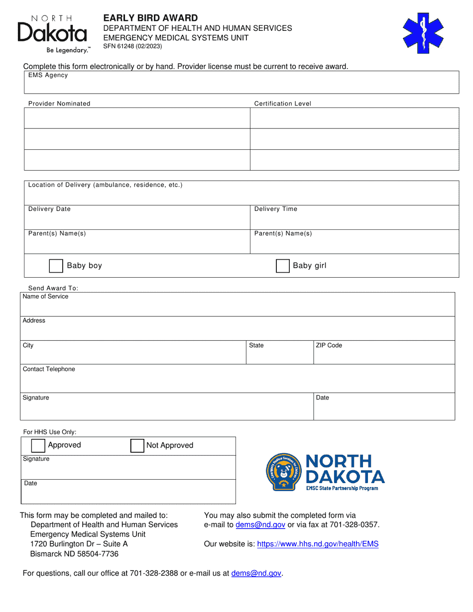 Form SFN61248 Early Bird Award - North Dakota, Page 1