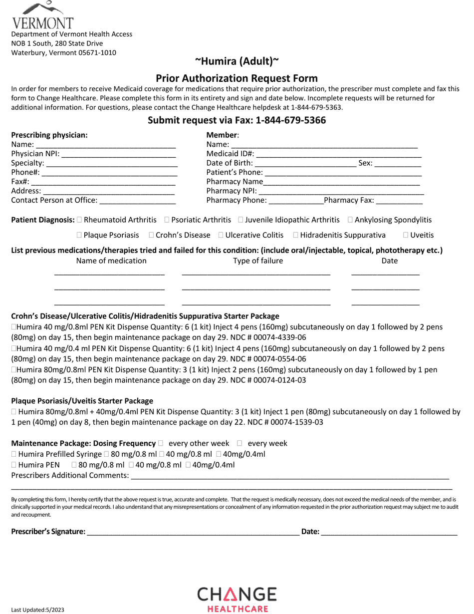 Vermont Humira (Adult) Prior Authorization Request Form Download