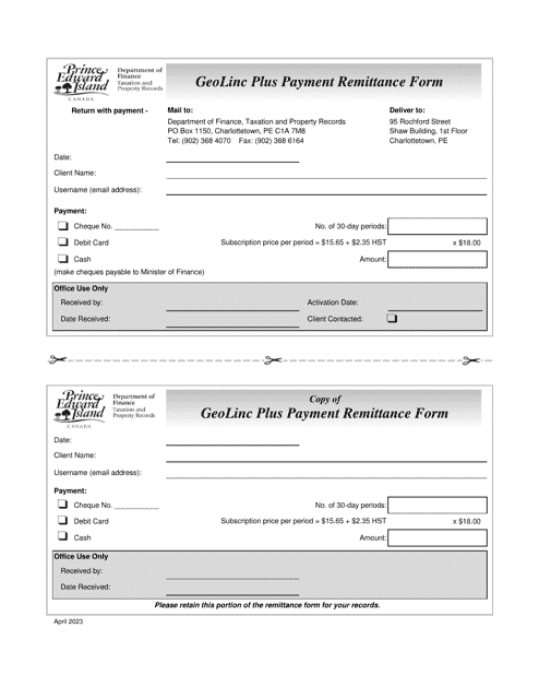 Geolinc Plus Payment Remittance Form - Prince Edward Island, Canada Download Pdf
