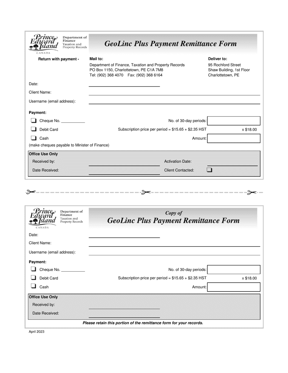 Geolinc Plus Payment Remittance Form - Prince Edward Island, Canada, Page 1