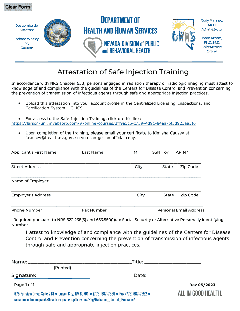 Attestation of Safe Injection Training - Nevada, Page 1