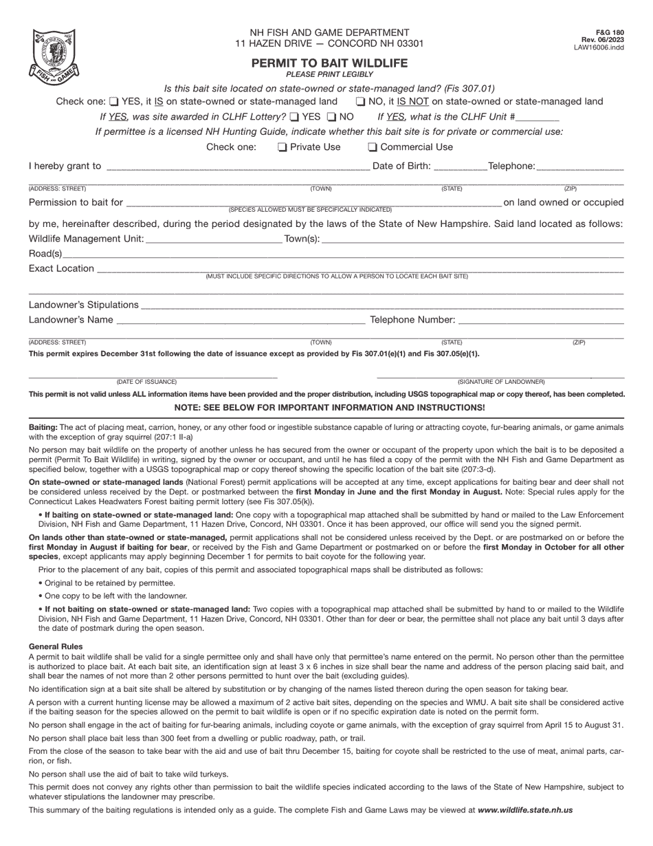 Form FG180 Permit to Bait Wildlife - New Hampshire, Page 1