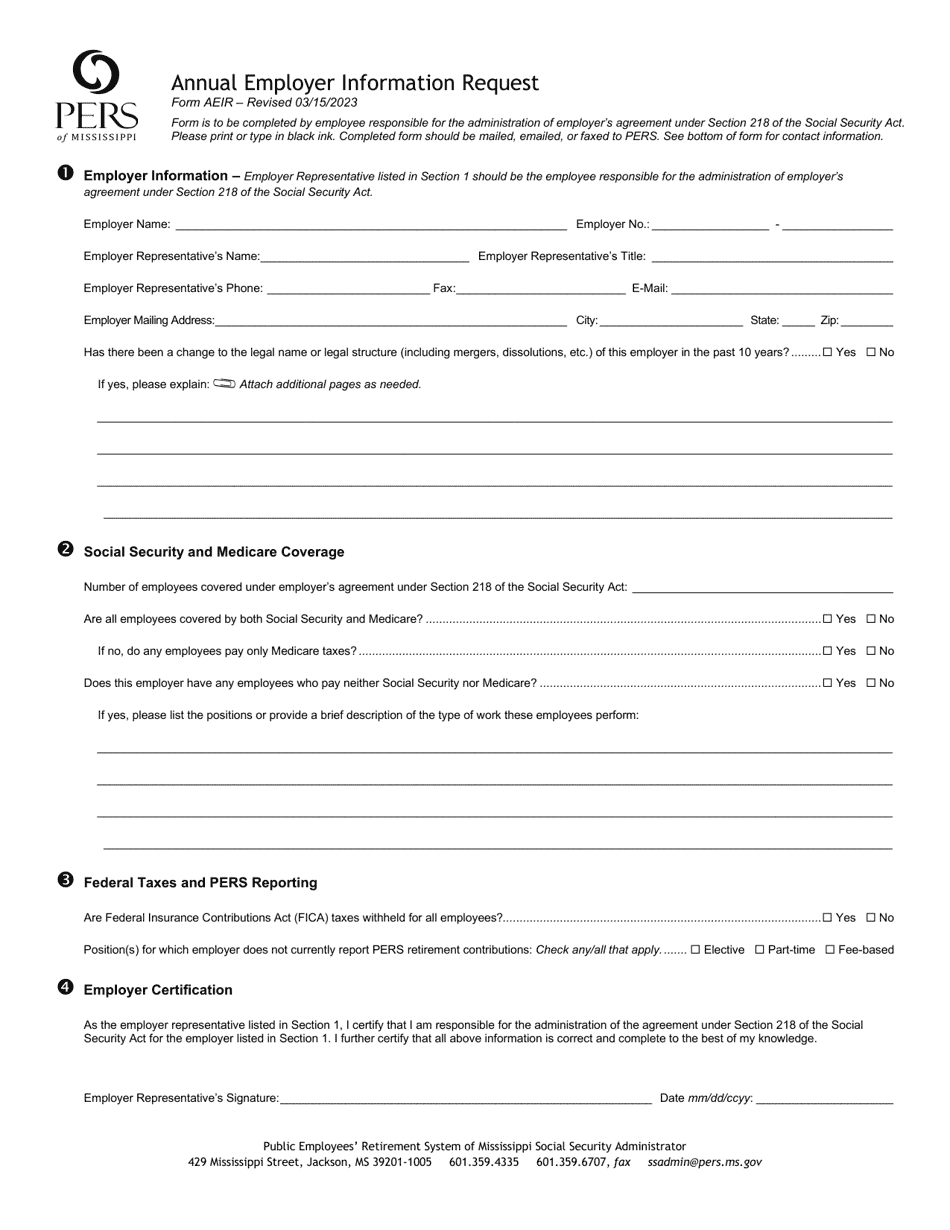 Form AEIR Annual Employer Information Request - Mississippi, Page 1