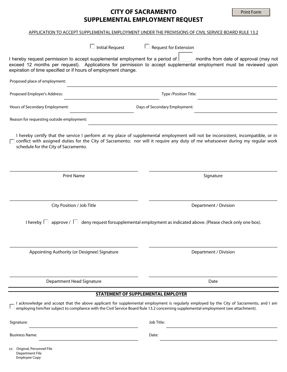 Supplemental Employment Request - City of Sacramento, California, Page 1
