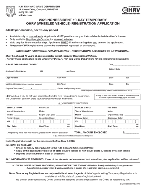Form OHL18002B Nonresident 10-day Temporary Ohrv (Wheeled Vehicle) Registration Application - New Hampshire, 2023