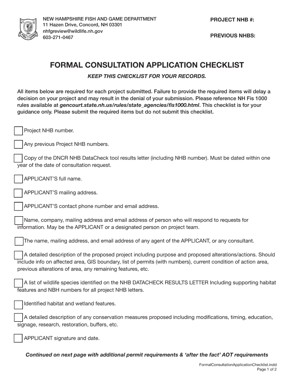 Formal Consultation Application Checklist - New Hampshire, Page 1