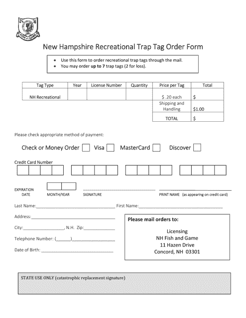 New Hampshire Recreational Trap Tag Order Form - New Hampshire Download Pdf