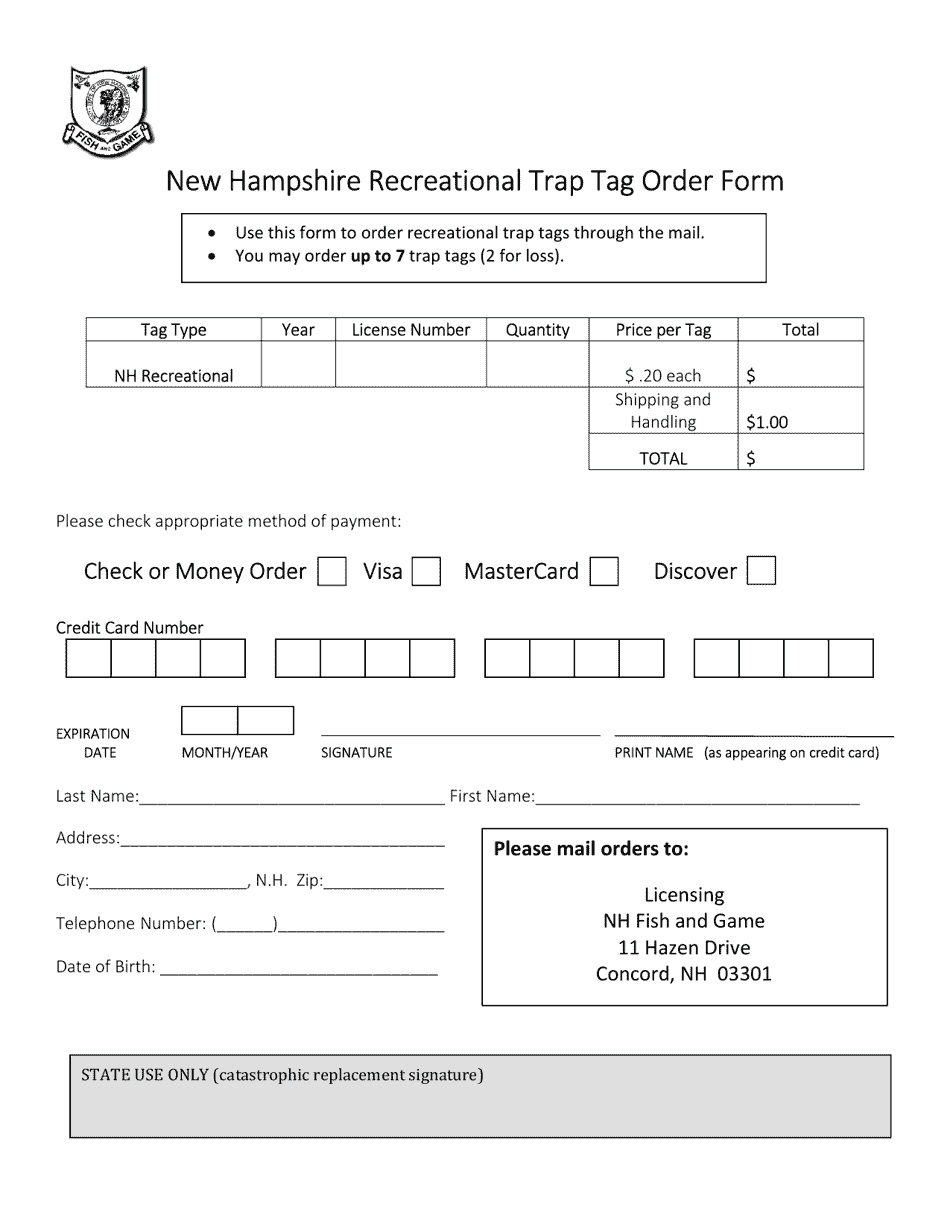 New Hampshire Recreational Trap Tag Order Form - New Hampshire, Page 1