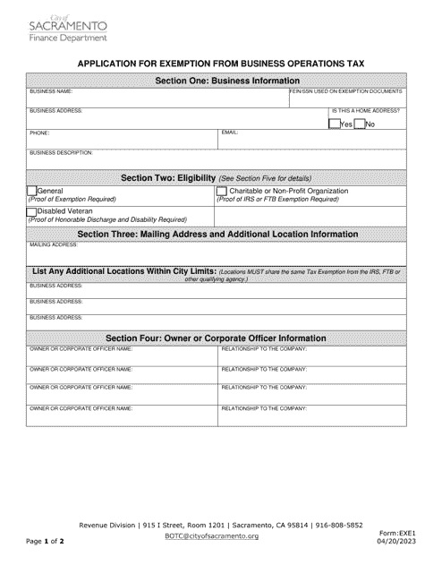 Form EXE1 Application for Exemption From Business Operations Tax - City of Sacramento, California