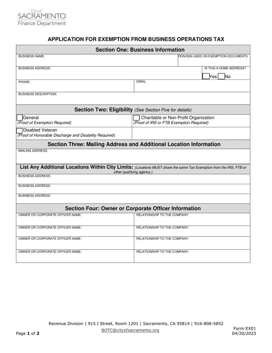 Form EXE1 Application for Exemption From Business Operations Tax - City of Sacramento, California, Page 1