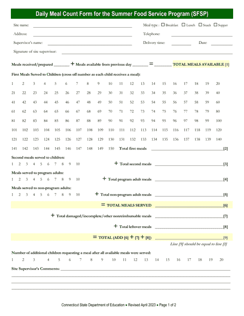 Daily Meal Count Form for the Summer Food Service Program (Sfsp) - Connecticut Download Pdf