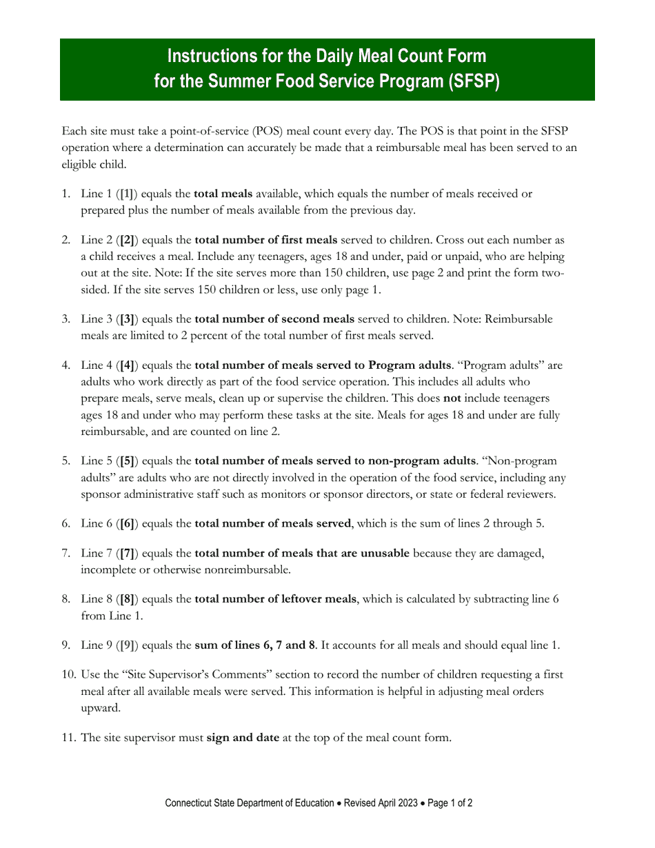 Daily Meal Count Form for the Summer Food Service Program (Sfsp) - Connecticut, Page 3