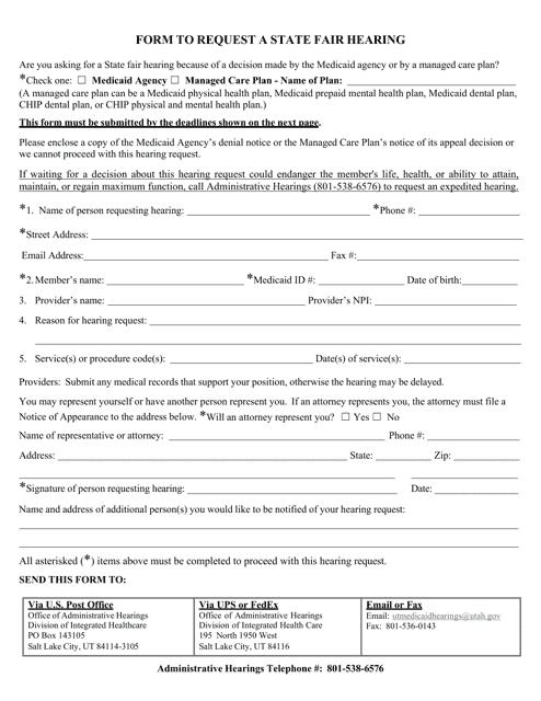 Form to Request a State Fair Hearing - Utah Download Pdf