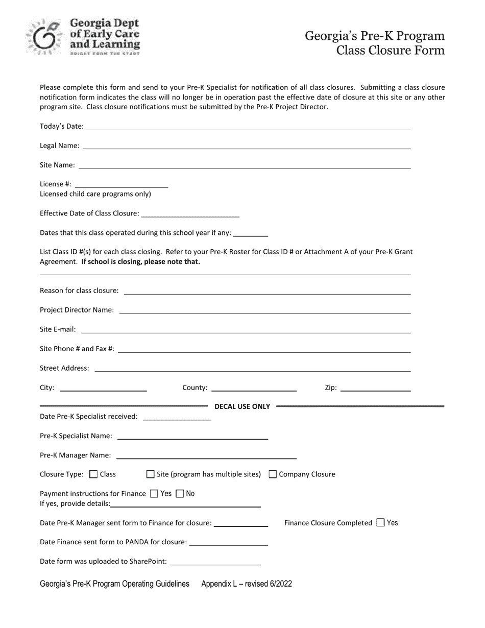 Appendix L Class Closure Form - Georgias Pre-k Program - Georgia (United States), Page 1