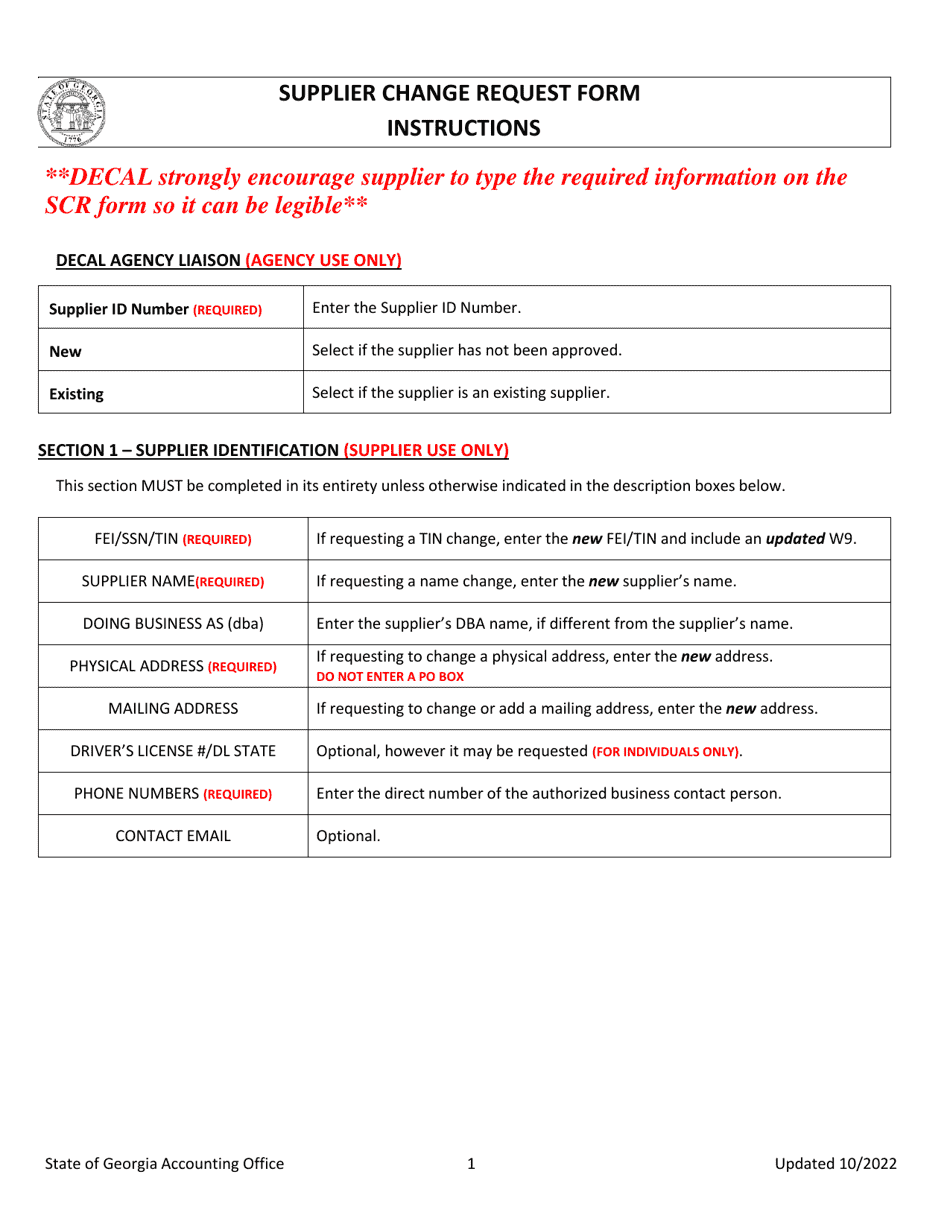 Instructions for Supplier (Vendor) Change Request Form - Georgia (United States), Page 1