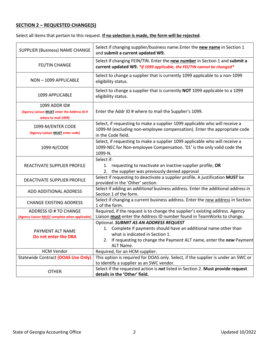 Instructions for Supplier (Vendor) Change Request Form - Georgia (United States), Page 2