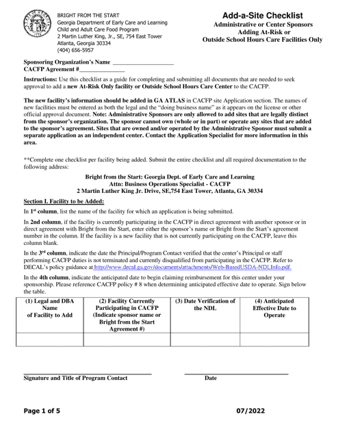Add-A-site Checklist - Administrative or Center Sponsors Adding at-Risk or Outside School Hours Care Facilities Only - Georgia (United States) Download Pdf