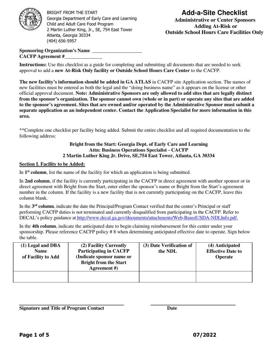 Add-A-site Checklist - Administrative or Center Sponsors Adding at-Risk or Outside School Hours Care Facilities Only - Georgia (United States), Page 1
