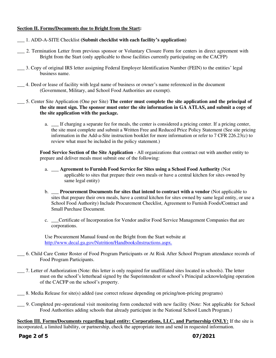 Add-A-site Checklist - Administrative or Center Sponsors Adding at-Risk or Outside School Hours Care Facilities Only - Georgia (United States), Page 2