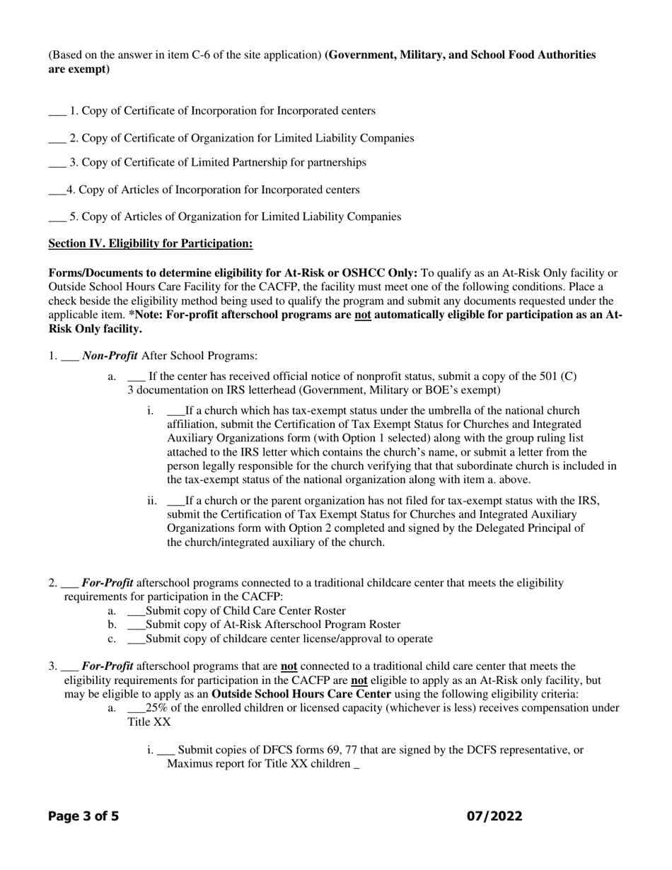 Add-A-site Checklist - Administrative or Center Sponsors Adding at-Risk or Outside School Hours Care Facilities Only - Georgia (United States), Page 3