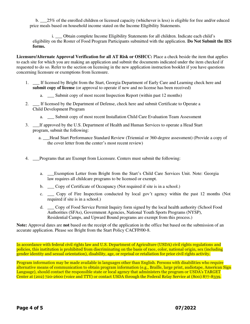 Add-A-site Checklist - Administrative or Center Sponsors Adding at-Risk or Outside School Hours Care Facilities Only - Georgia (United States), Page 4