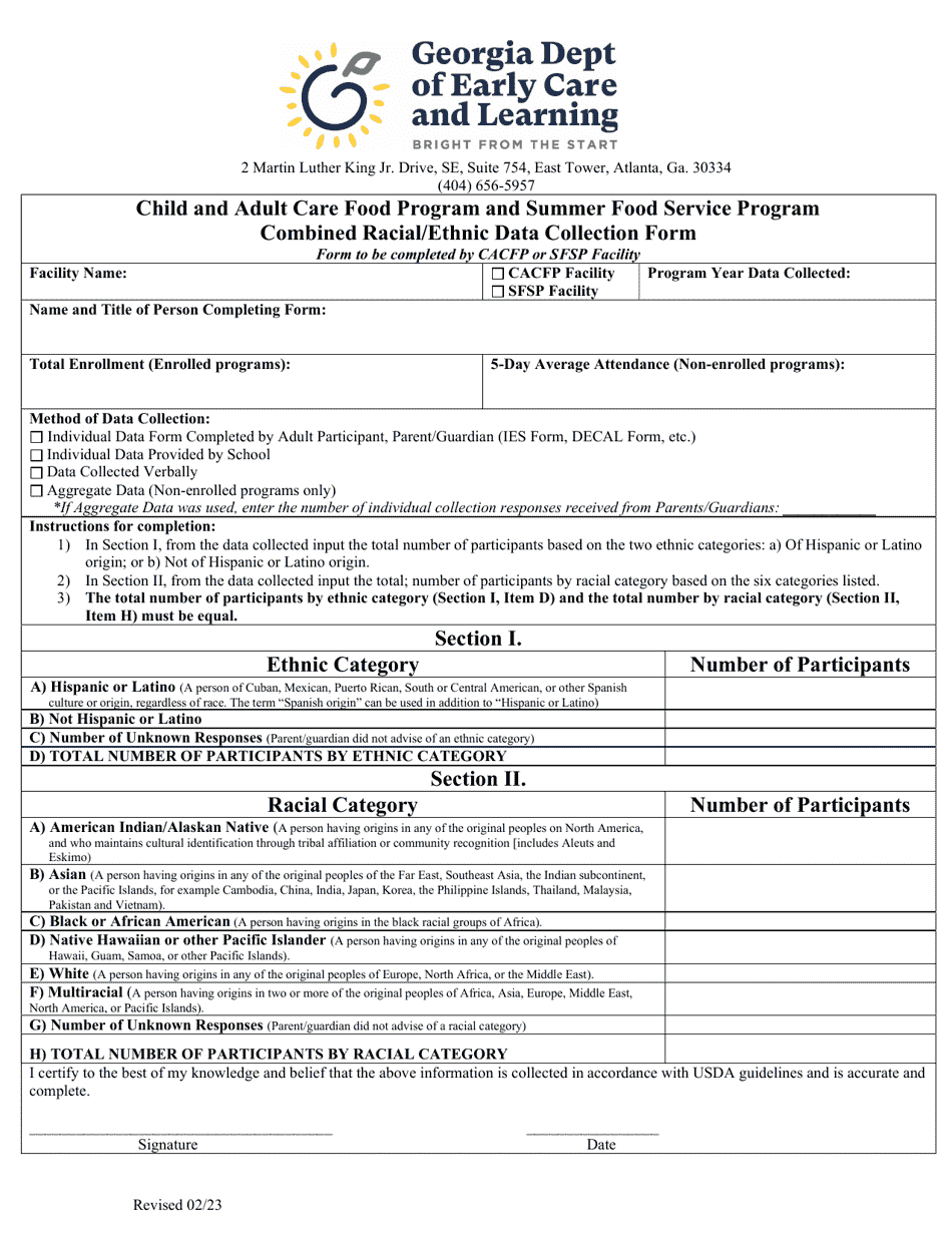Combined Racial / Ethnic Data Collection Form - Child and Adult Care Food Program and Summer Food Service Program - Georgia (United States), Page 1