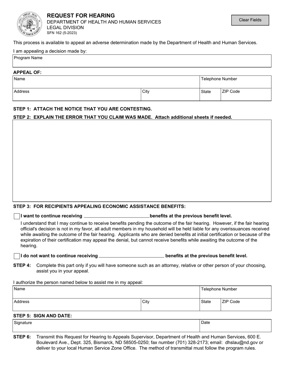 Form SFN162 Request for Hearing - North Dakota, Page 1