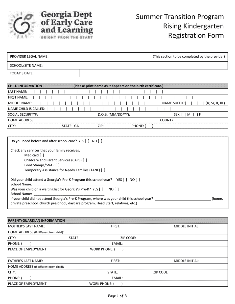Rising Kindergarten Registration Form - Summer Transition Program - Georgia (United States), Page 1