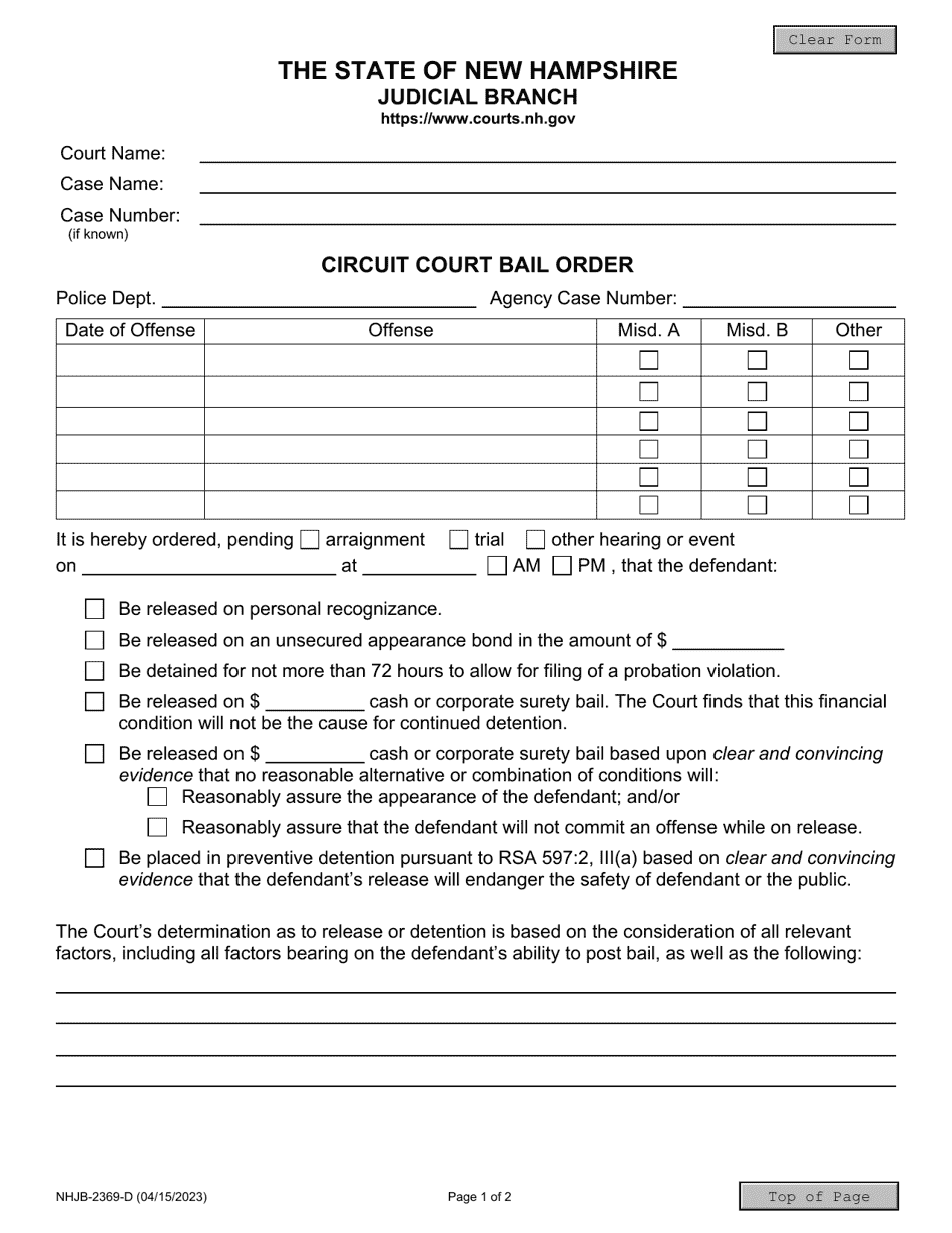 Form NHJB-2369-D Circuit Court Bail Order - New Hampshire, Page 1